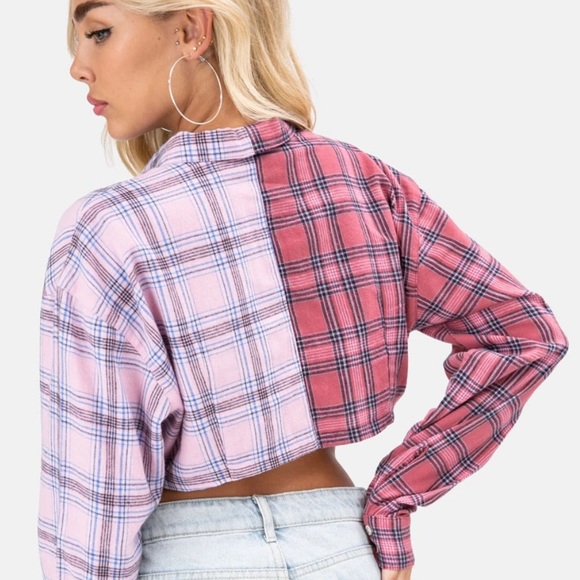 Two Tone Plaid Crop Top Button Down - Picture 2 of 3